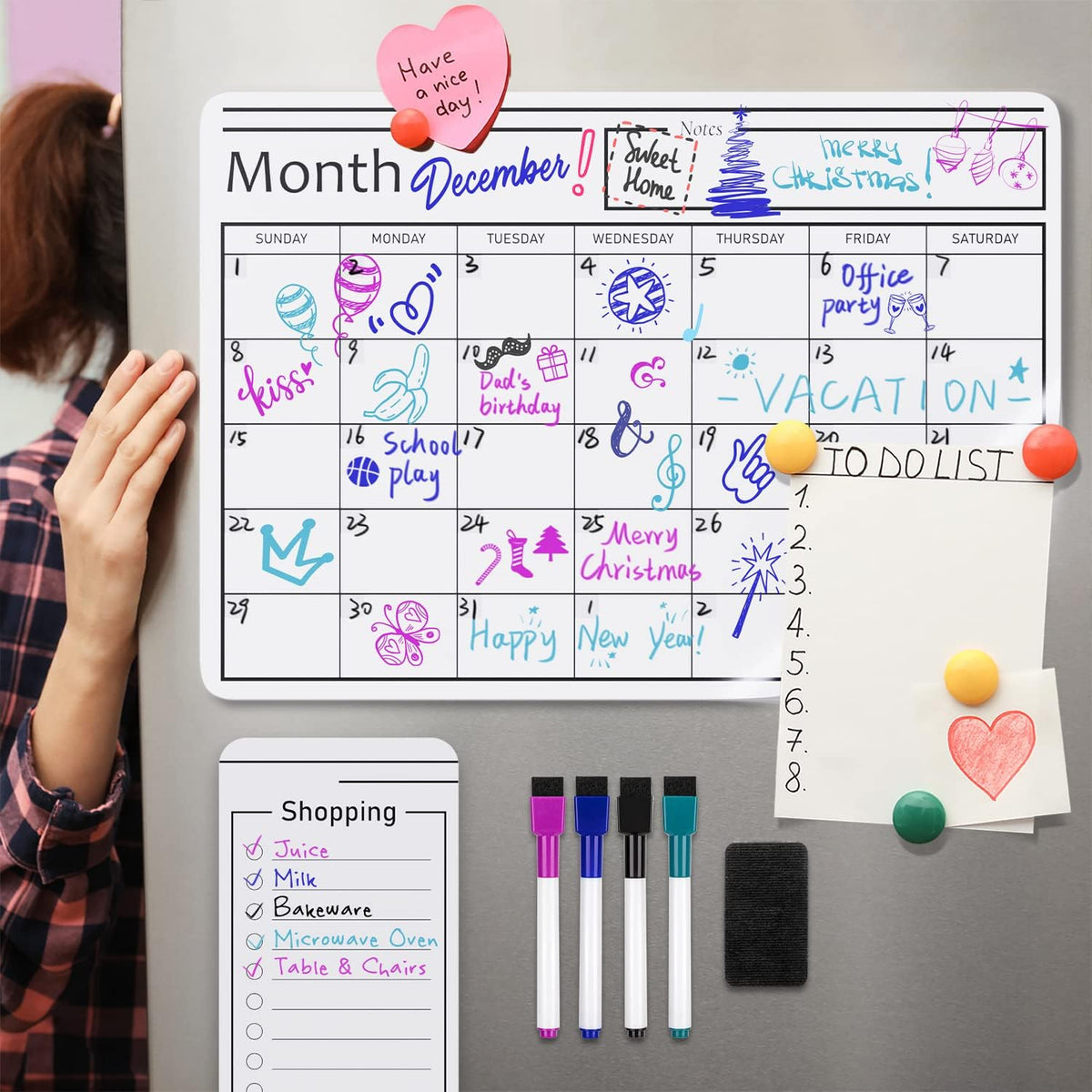 Magnetic Dry Erase Whiteboard Calendar for Fridge, Easy to Clean, Schedule Organizer, 12" x 17", Includes 4 Markers and Eraser