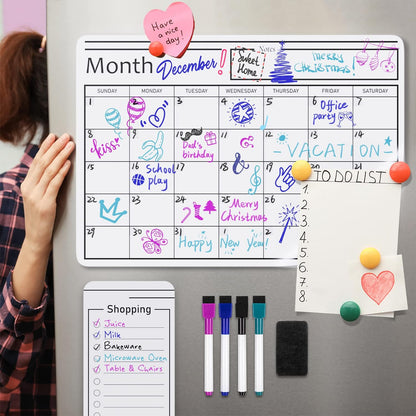 Magnetic Dry Erase Whiteboard Calendar for Fridge, Easy to Clean, Schedule Organizer, 12" x 17", Includes 4 Markers and Eraser