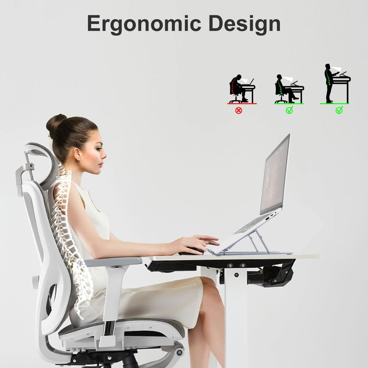 Ergonomic and Foldable Laptop Stand for Desk, Adjustable Riser, Fits All Laptops and Notebooks up to 17,Ultra-Thin,Ventilated Cooling,ABS+Silicone,Silver.