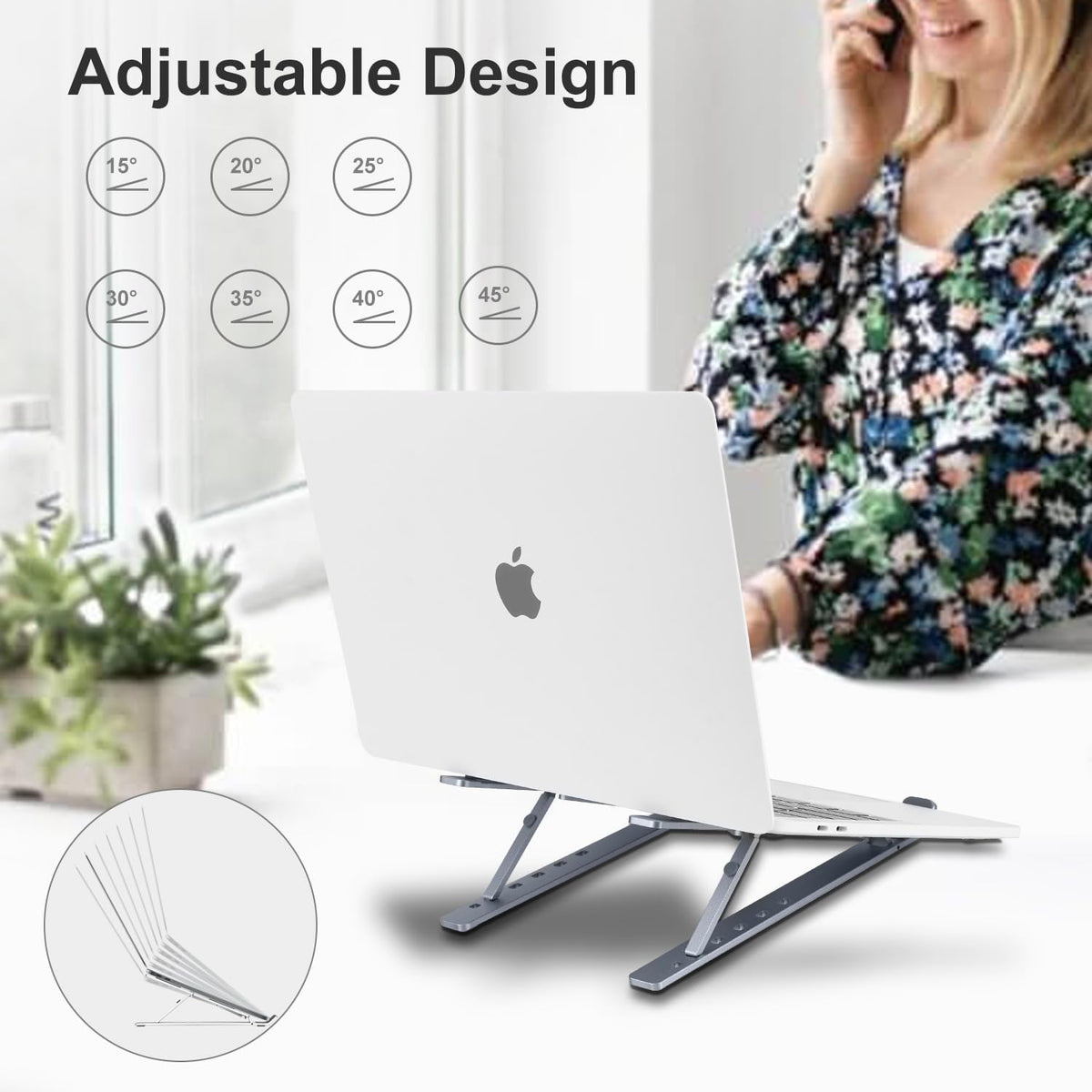 Ergonomic and Foldable Laptop Stand for Desk, Adjustable Riser, Fits All Laptops and Notebooks up to 17,Ultra-Thin,Ventilated Cooling,ABS+Silicone,Silver.