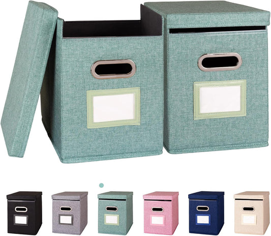 Hanging File Folders Organizer with Lid, Letter Size Fabric File Storage Box Collapsible, Portable Office Document Holder with Metal Handle, Smooth PVC Rails, Green