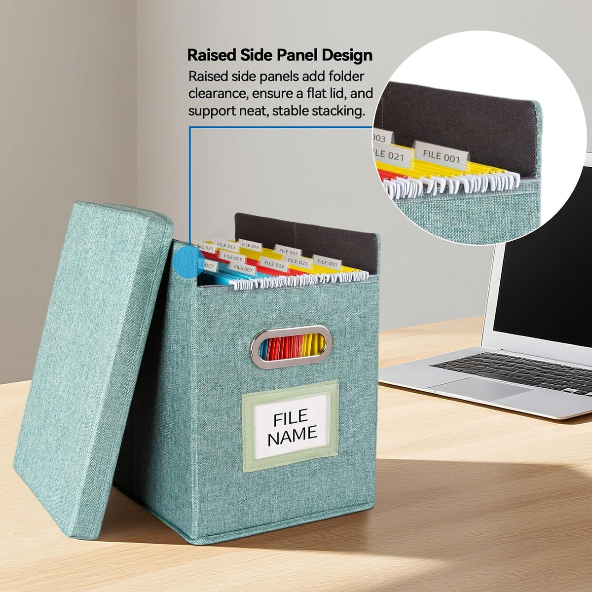 Hanging File Folders Organizer with Lid, Letter Size Fabric File Storage Box Collapsible, Portable Office Document Holder with Metal Handle, Smooth PVC Rails, Green