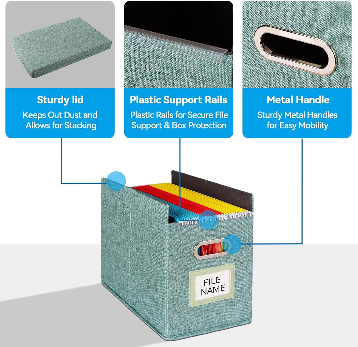 Hanging File Folders Organizer with Lid, Letter Size Fabric File Storage Box Collapsible, Portable Office Document Holder with Metal Handle, Smooth PVC Rails, Green