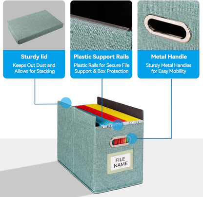 Hanging File Folders Organizer with Lid, Letter Size Fabric File Storage Box Collapsible, Portable Office Document Holder with Metal Handle, Smooth PVC Rails, Green