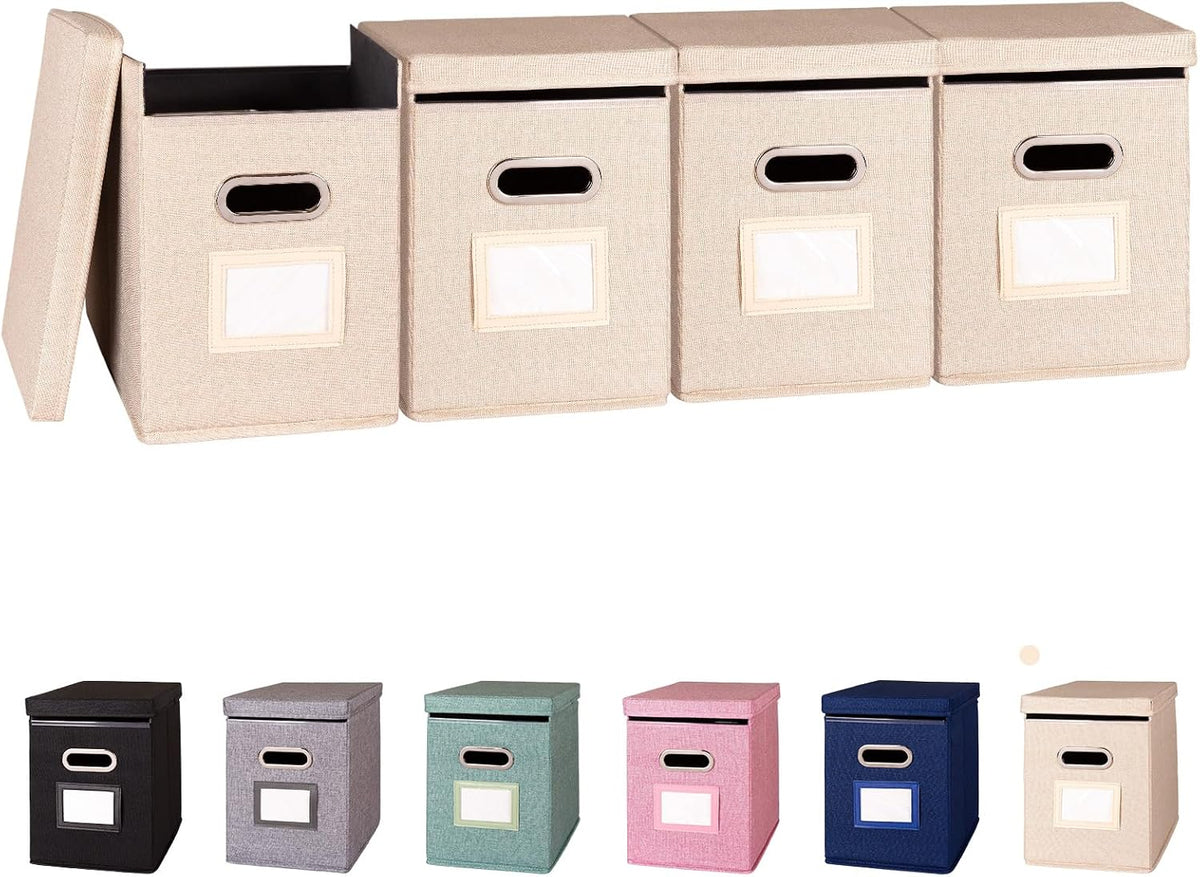 Hanging File Folders Organizer with Lid, Letter Size Fabric File Storage Box Collapsible, Portable Office Document Holder with Metal Handle, Smooth PVC Rails, Green