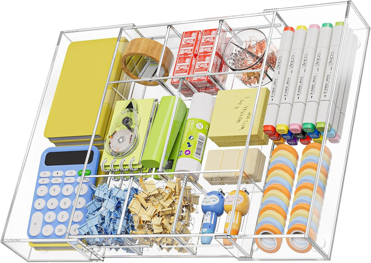 Acrylic Expandable Drawer Organizer, Clear Desk Drawer Organizer Tray with 5 Dividers, Desk Organizers and Accessories, 10 Adjustable Compartments for Office Supplies, Makeup & Vanity