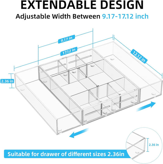 Acrylic Expandable Drawer Organizer, Clear Desk Drawer Organizer Tray with 5 Dividers, Desk Organizers and Accessories, 10 Adjustable Compartments for Office Supplies, Makeup & Vanity