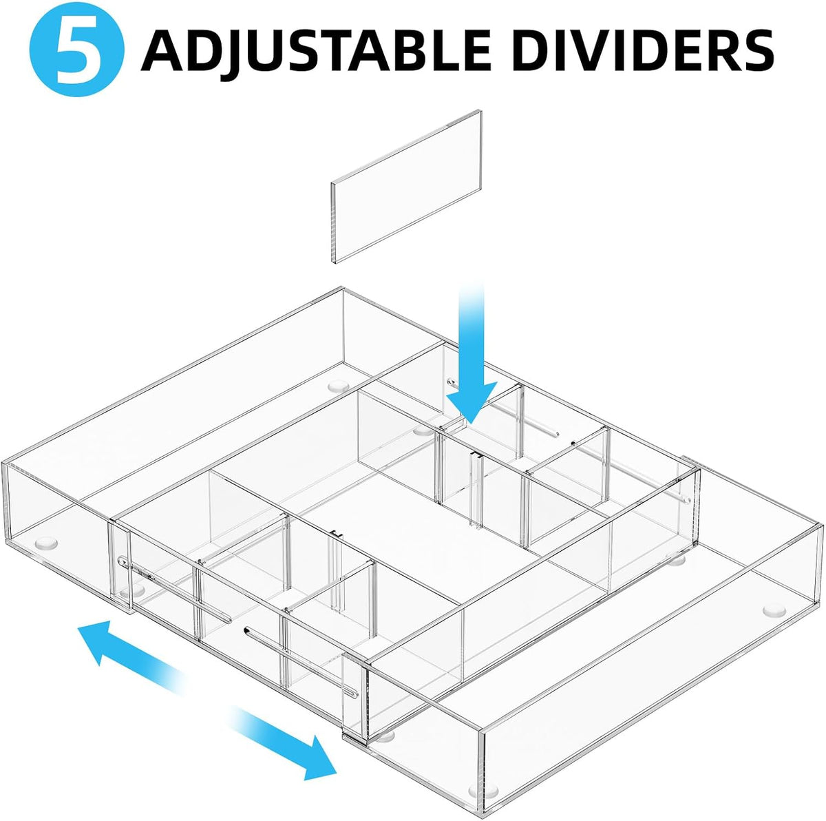 Acrylic Expandable Drawer Organizer, Clear Desk Drawer Organizer Tray with 5 Dividers, Desk Organizers and Accessories, 10 Adjustable Compartments for Office Supplies, Makeup & Vanity