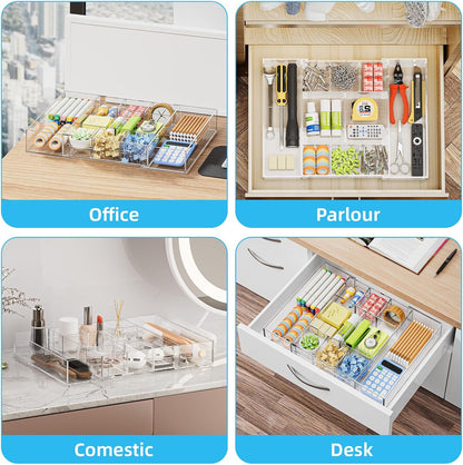 Acrylic Expandable Drawer Organizer, Clear Desk Drawer Organizer Tray with 5 Dividers, Desk Organizers and Accessories, 10 Adjustable Compartments for Office Supplies, Makeup & Vanity