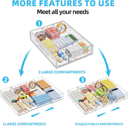 Acrylic Expandable Drawer Organizer, Clear Desk Drawer Organizer Tray with 5 Dividers, Desk Organizers and Accessories, 10 Adjustable Compartments for Office Supplies, Makeup & Vanity