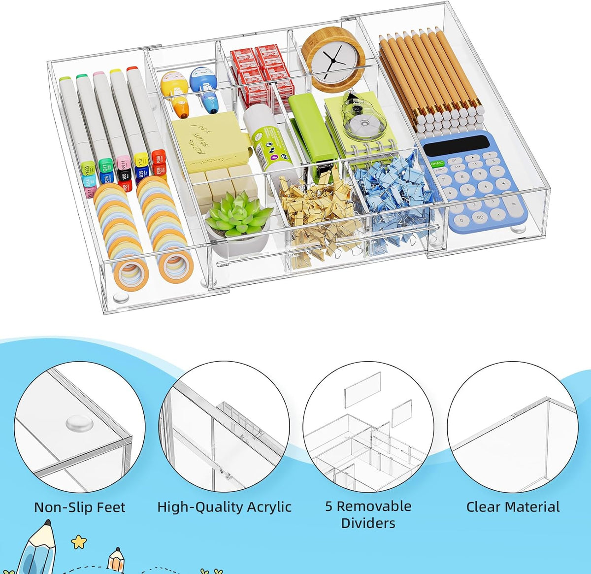 Acrylic Expandable Drawer Organizer, Clear Desk Drawer Organizer Tray with 5 Dividers, Desk Organizers and Accessories, 10 Adjustable Compartments for Office Supplies, Makeup & Vanity