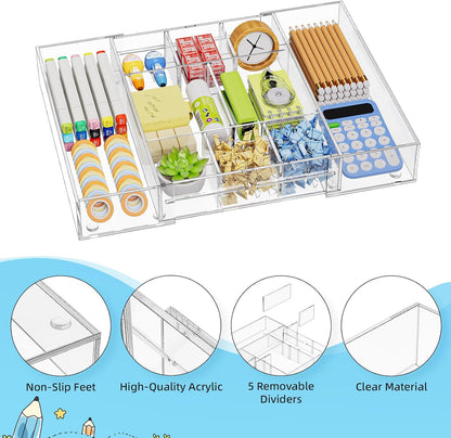 Acrylic Expandable Drawer Organizer, Clear Desk Drawer Organizer Tray with 5 Dividers, Desk Organizers and Accessories, 10 Adjustable Compartments for Office Supplies, Makeup & Vanity