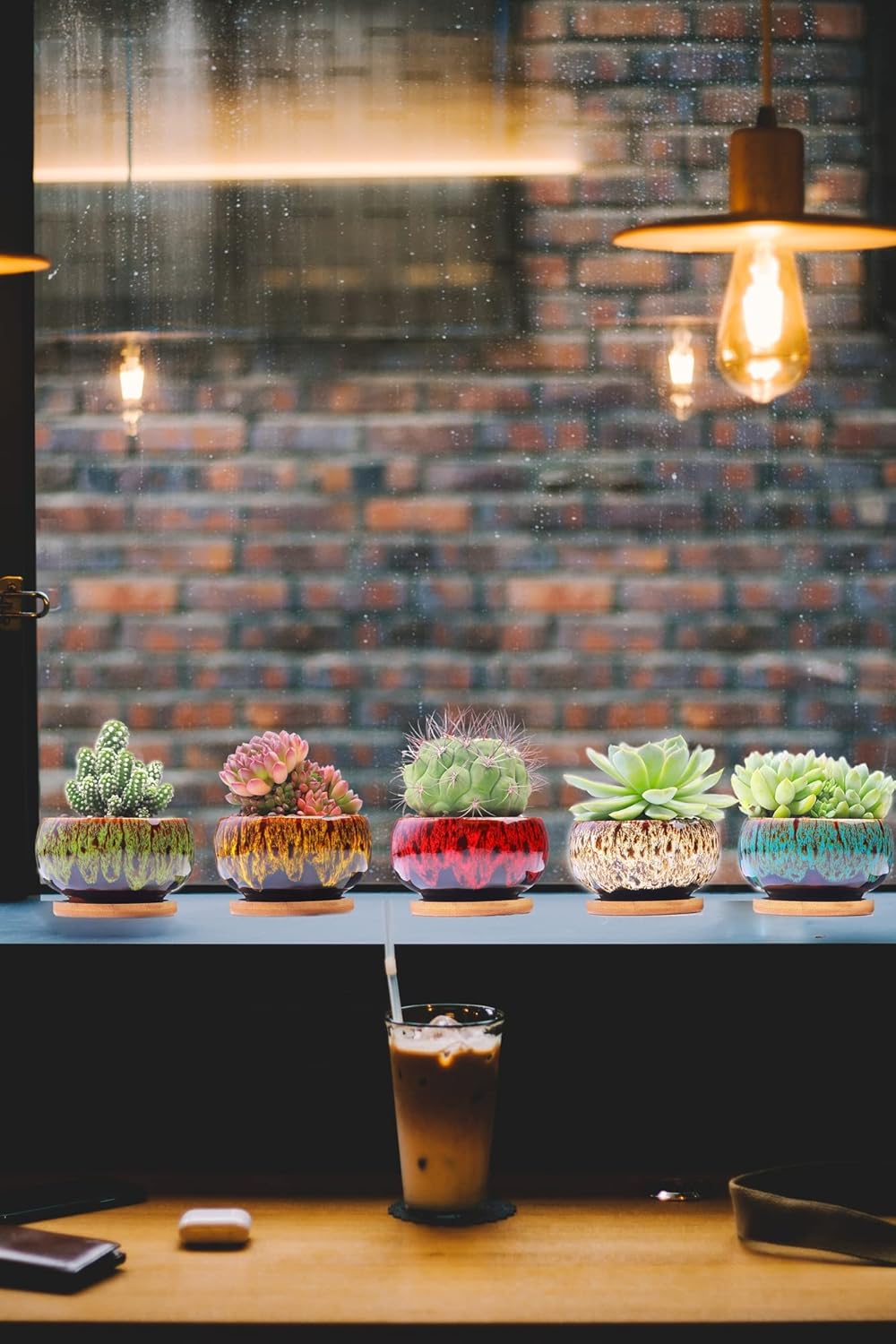 Cute Ceramic Succulent Garden Pots, Planter with Drainage and Attached Saucer, Set of 5 -Plants Not Included (Burner)