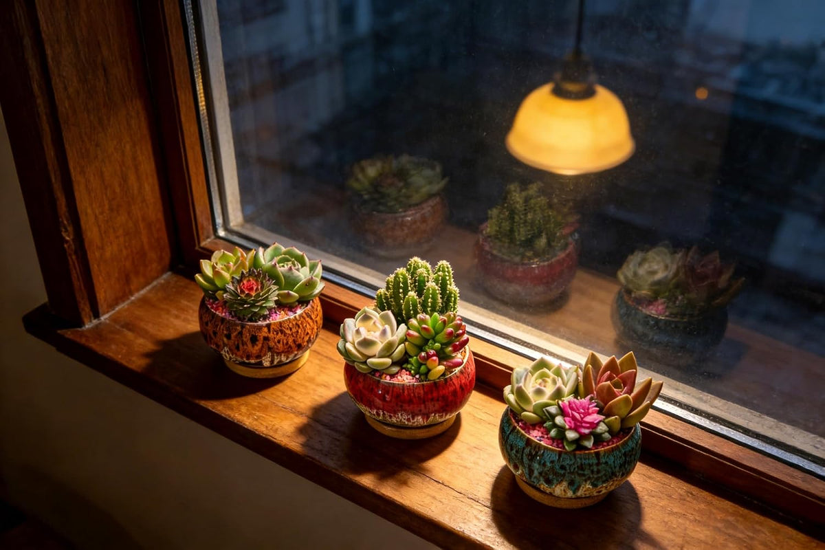 Cute Ceramic Succulent Garden Pots, Planter with Drainage and Attached Saucer, Set of 5 -Plants Not Included (Burner)