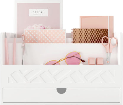 Bamboo Mail Organizer with Drawer, Countertop Desk Organizer(White)