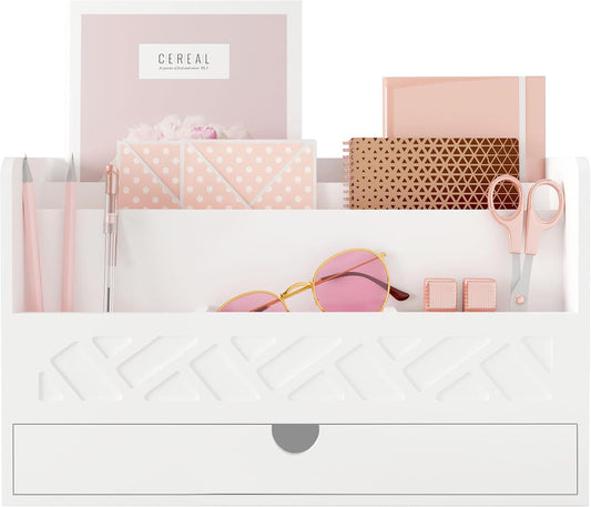 Bamboo Mail Organizer with Drawer, Countertop Desk Organizer(White)