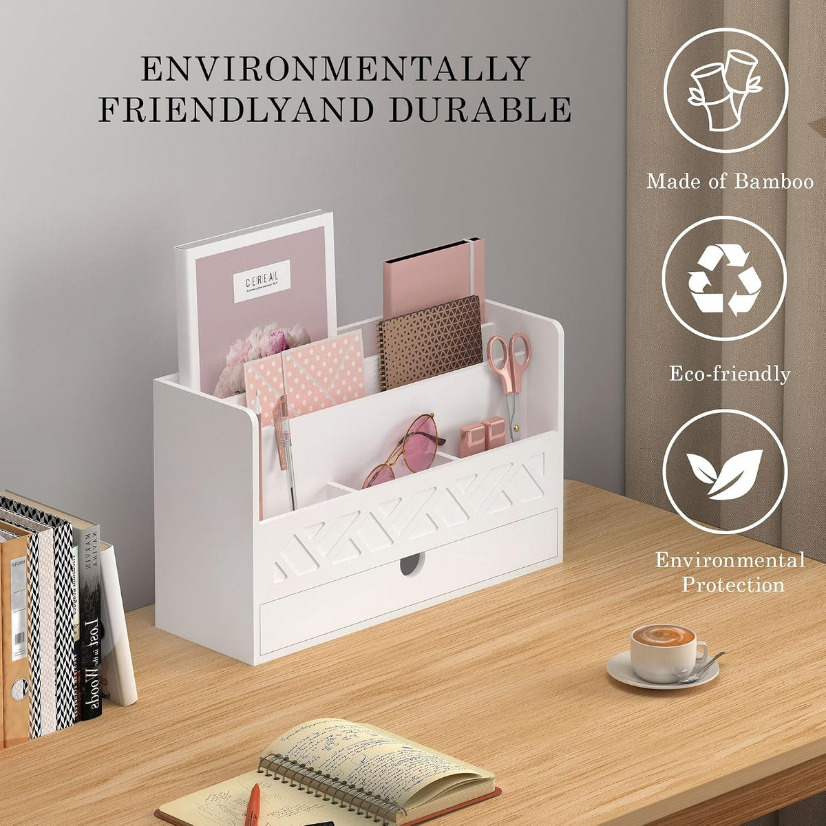 Bamboo Mail Organizer with Drawer, Countertop Desk Organizer(White)