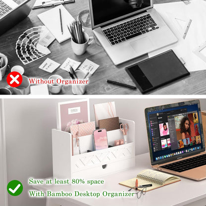 Bamboo Mail Organizer with Drawer, Countertop Desk Organizer(White)