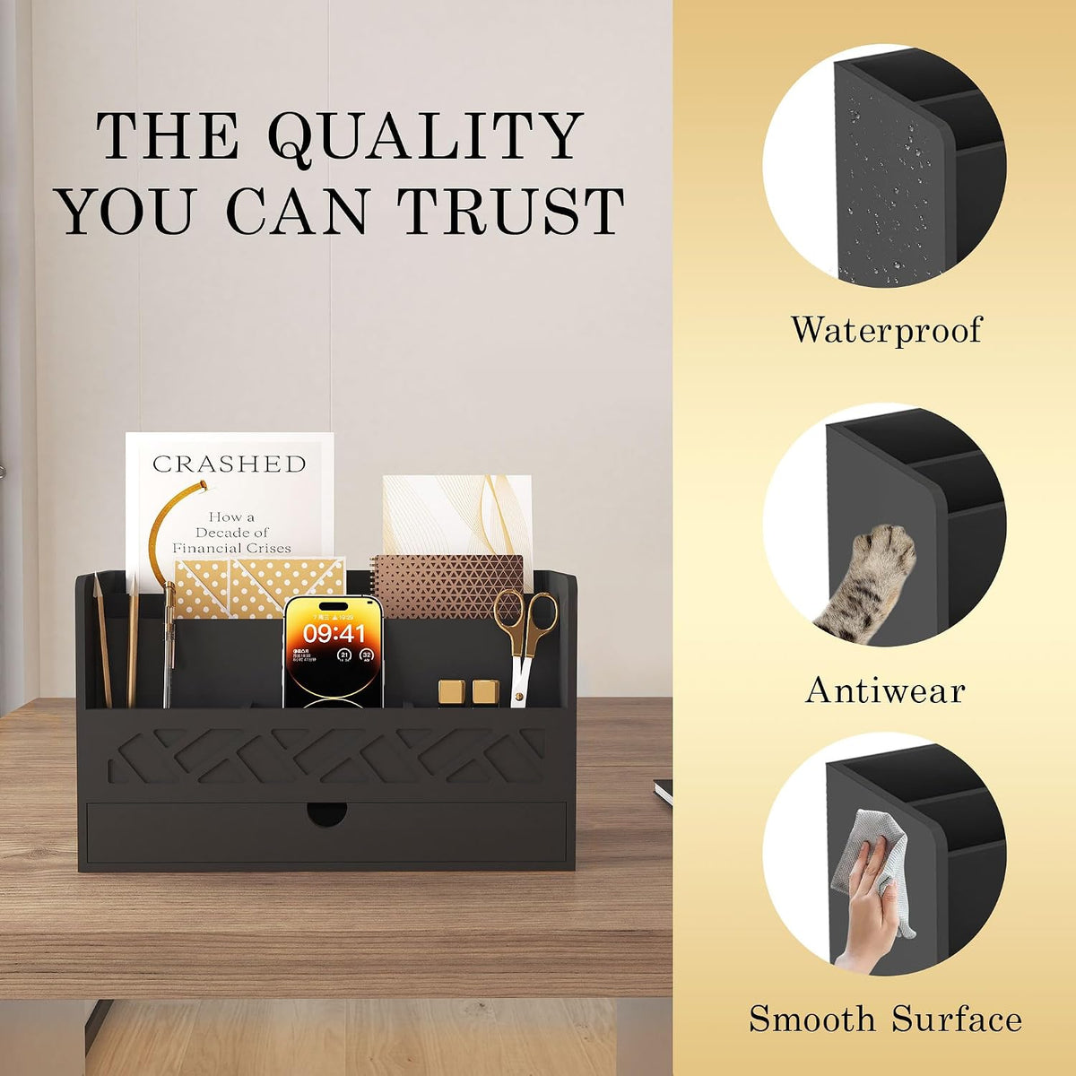 Bamboo Mail Organizer with Drawer, Countertop Desk Organizer(White)