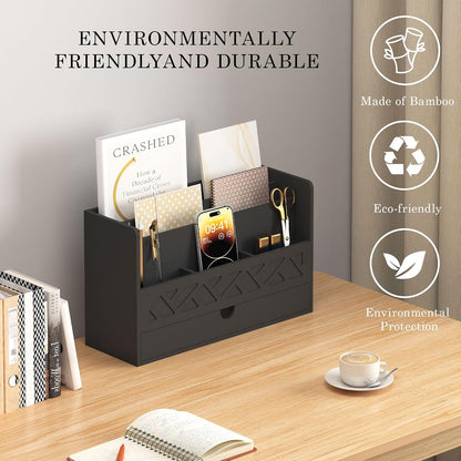 Bamboo Mail Organizer with Drawer, Countertop Desk Organizer(White)