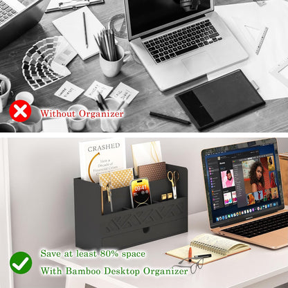 Bamboo Mail Organizer with Drawer, Countertop Desk Organizer(White)