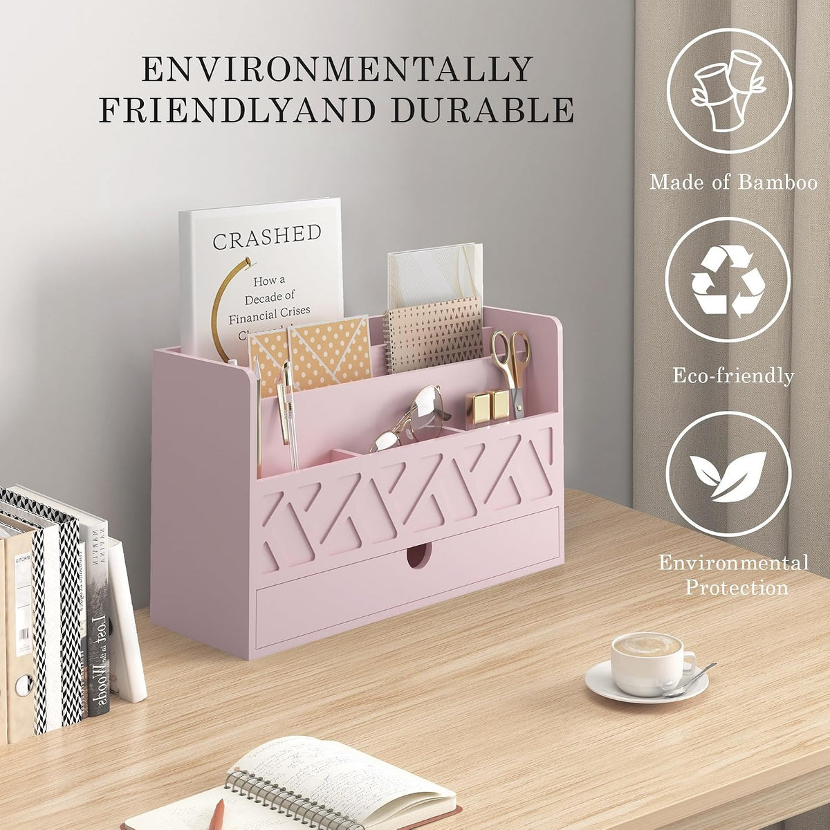 Bamboo Mail Organizer with Drawer, Countertop Desk Organizer(White)