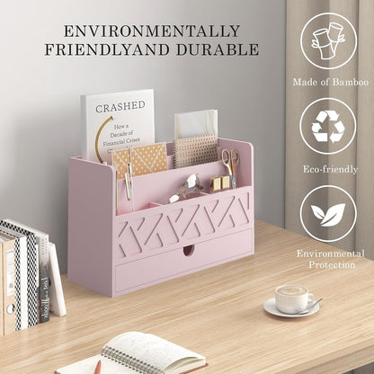 Bamboo Mail Organizer with Drawer, Countertop Desk Organizer(White)