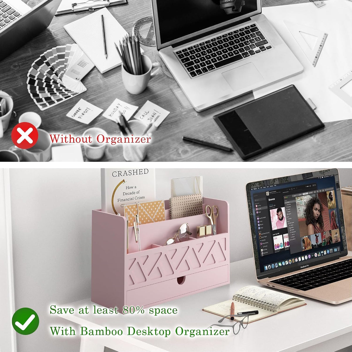 Bamboo Mail Organizer with Drawer, Countertop Desk Organizer(White)