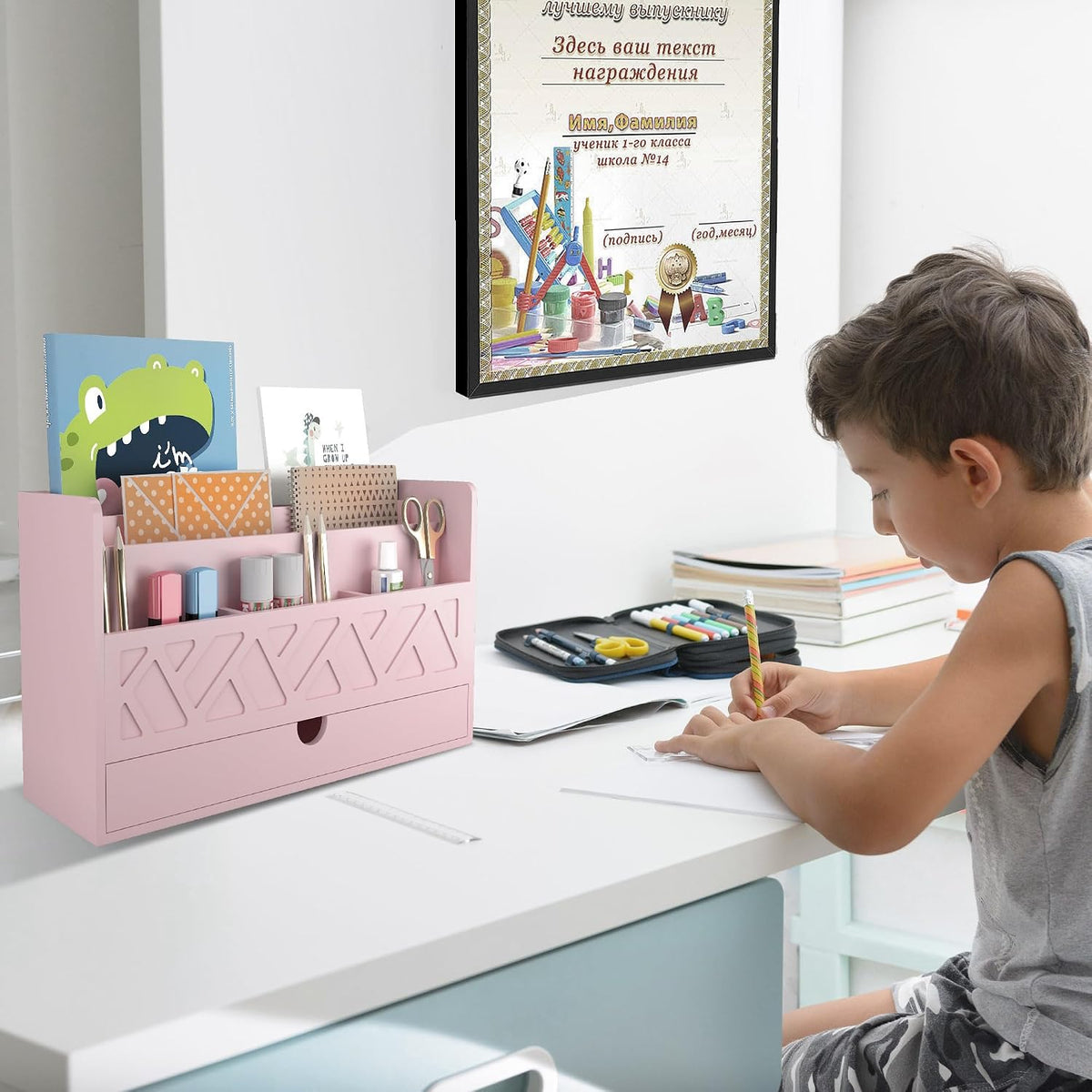 Bamboo Mail Organizer with Drawer, Countertop Desk Organizer(White)