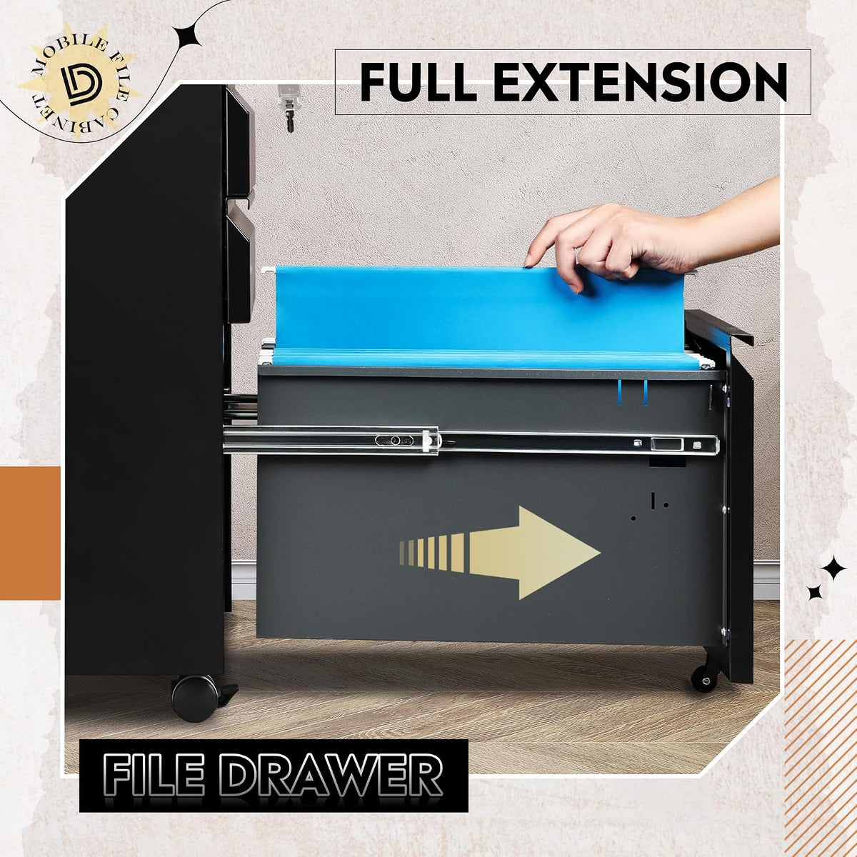 3 Drawer File Cabinet with Lock, Fully Assembled Except Casters