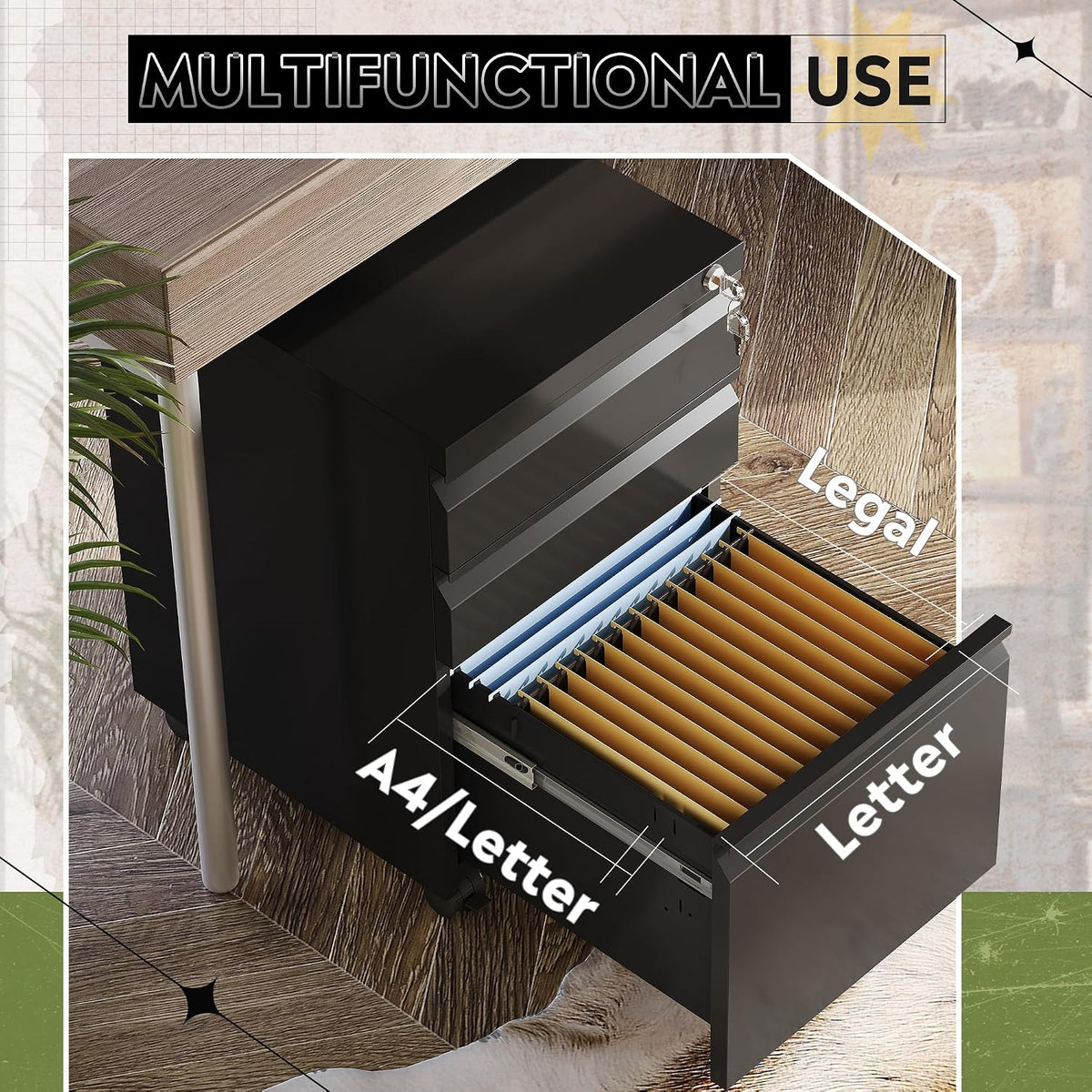 3 Drawer File Cabinet with Lock, Fully Assembled Except Casters
