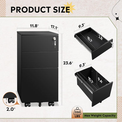 3 Drawer File Cabinet with Lock, Fully Assembled Except Casters