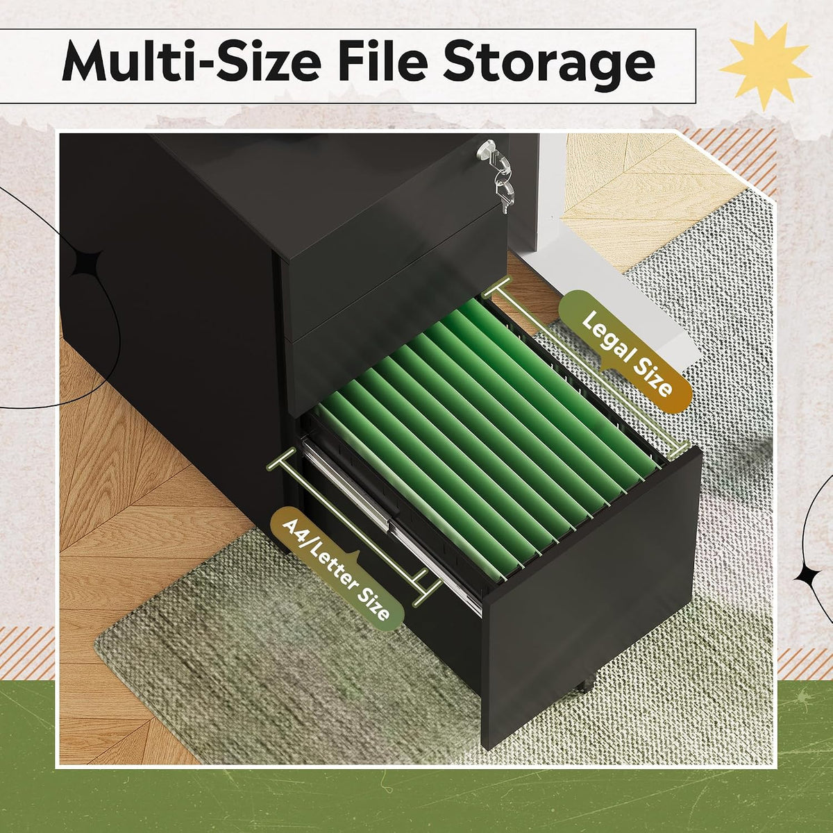 3 Drawer File Cabinet with Lock, Fully Assembled Except Casters