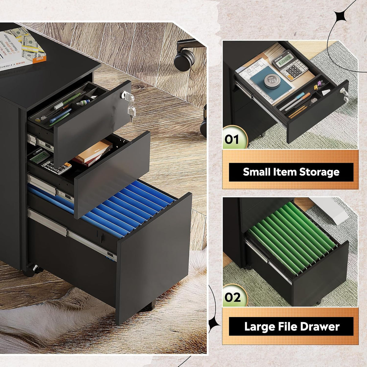 3 Drawer File Cabinet with Lock, Fully Assembled Except Casters