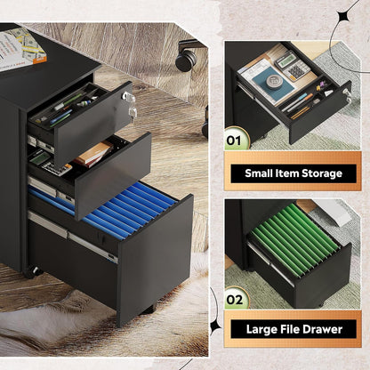 3 Drawer File Cabinet with Lock, Fully Assembled Except Casters