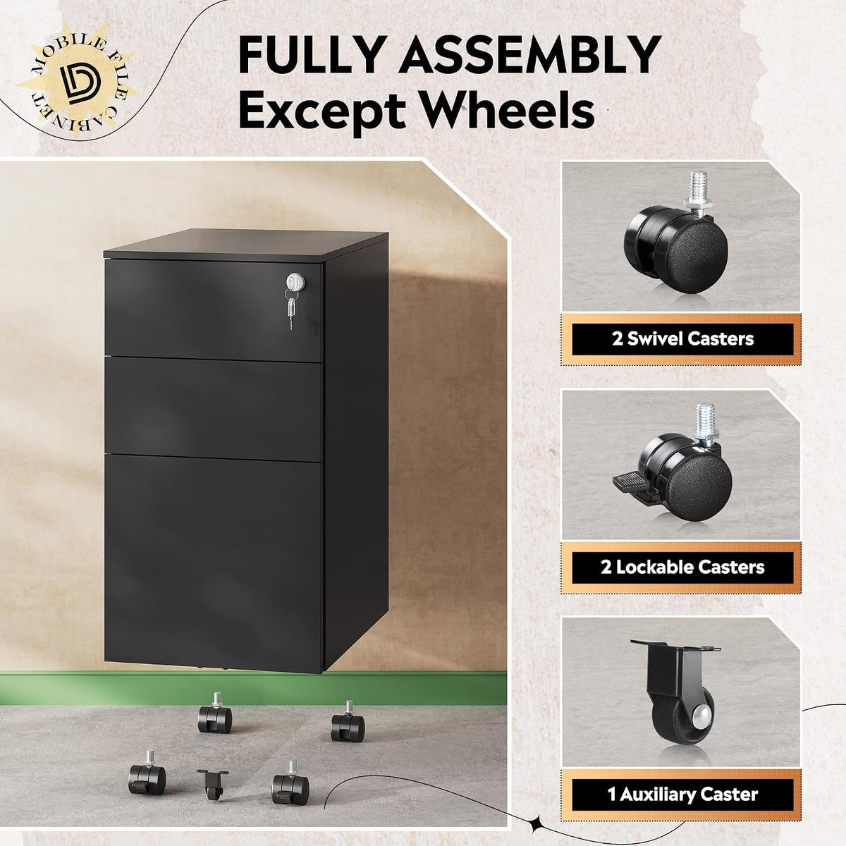 3 Drawer File Cabinet with Lock, Fully Assembled Except Casters