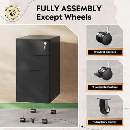 3 Drawer File Cabinet with Lock, Fully Assembled Except Casters