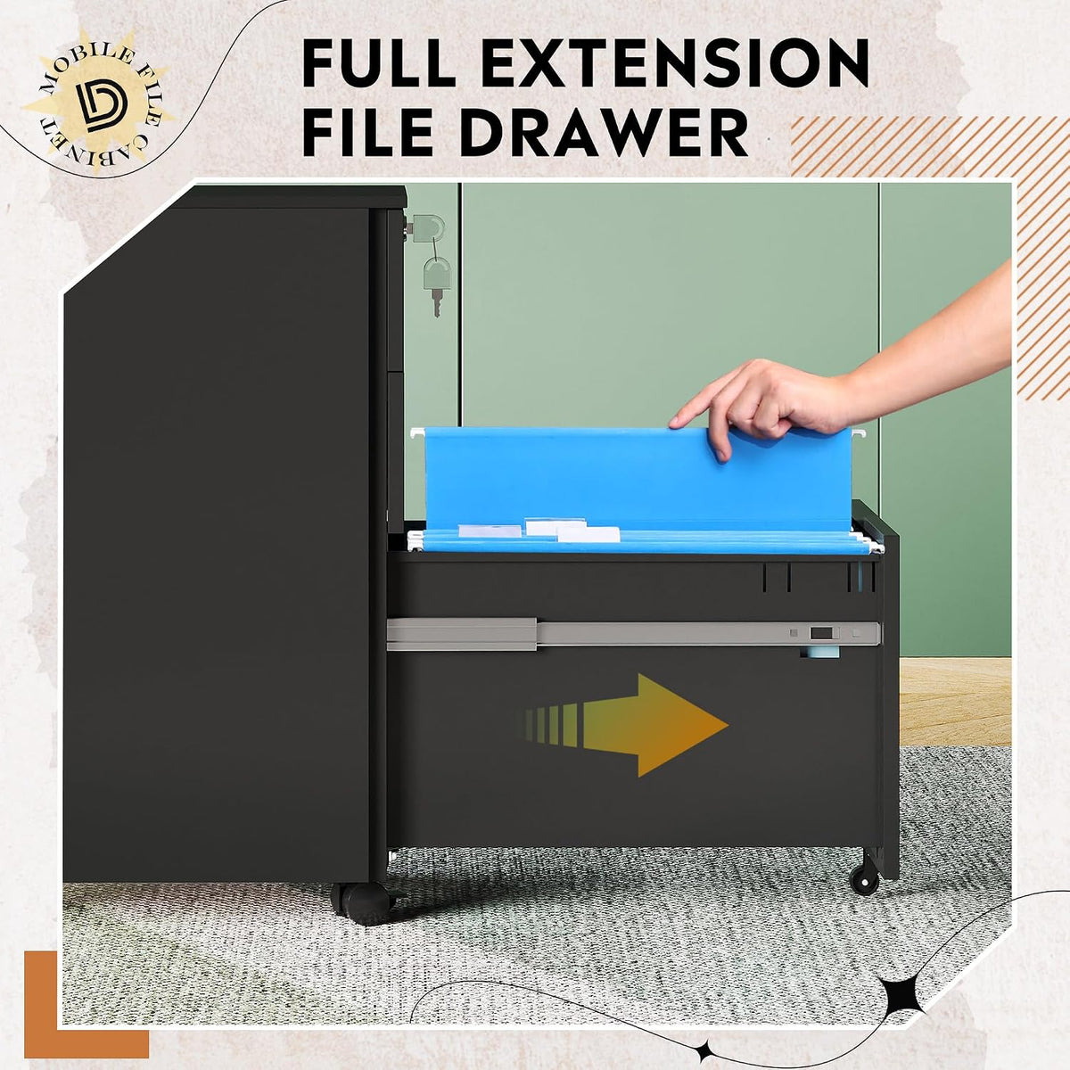 3 Drawer File Cabinet with Lock, Fully Assembled Except Casters