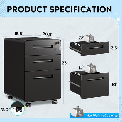 3 Drawer File Cabinet with Lock, Fully Assembled Except Casters