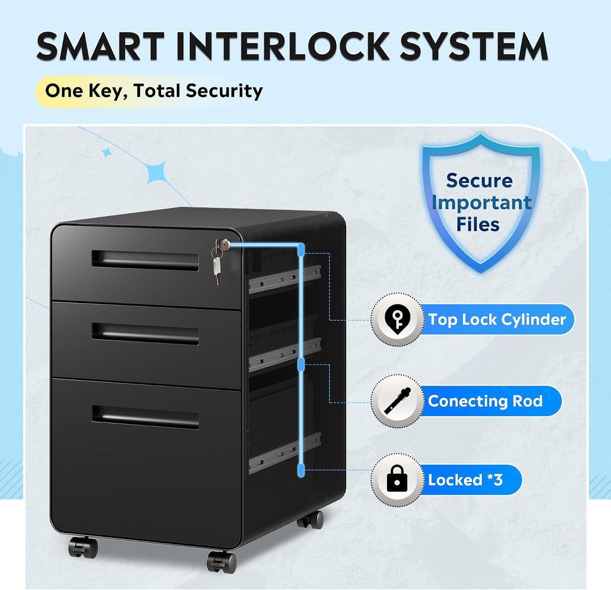 3 Drawer File Cabinet with Lock, Fully Assembled Except Casters