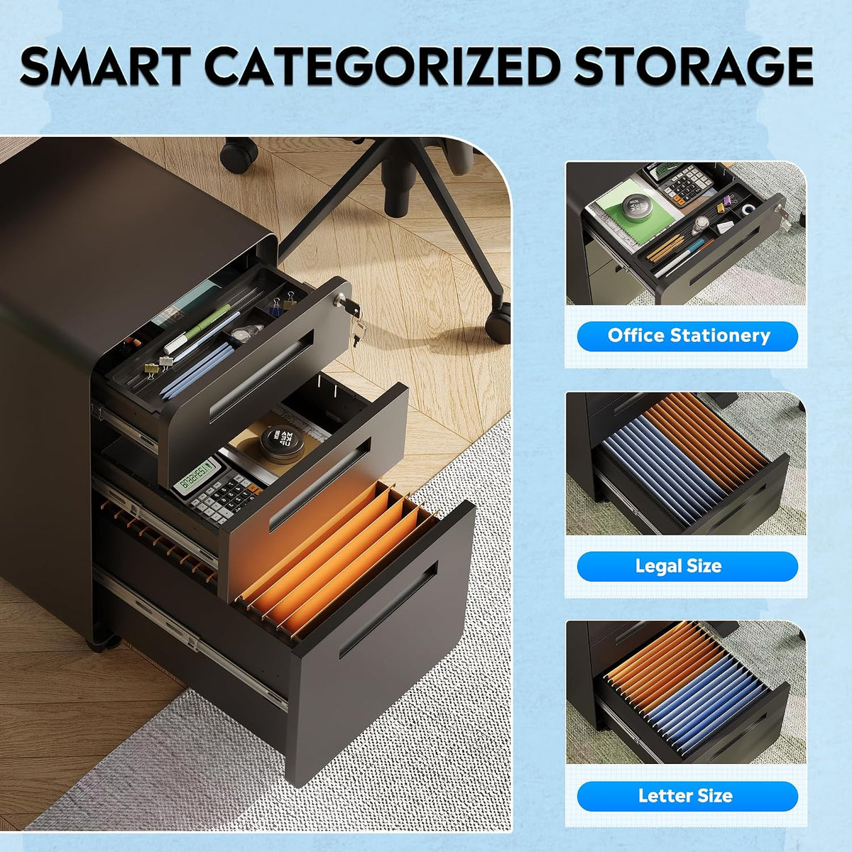 3 Drawer File Cabinet with Lock, Fully Assembled Except Casters