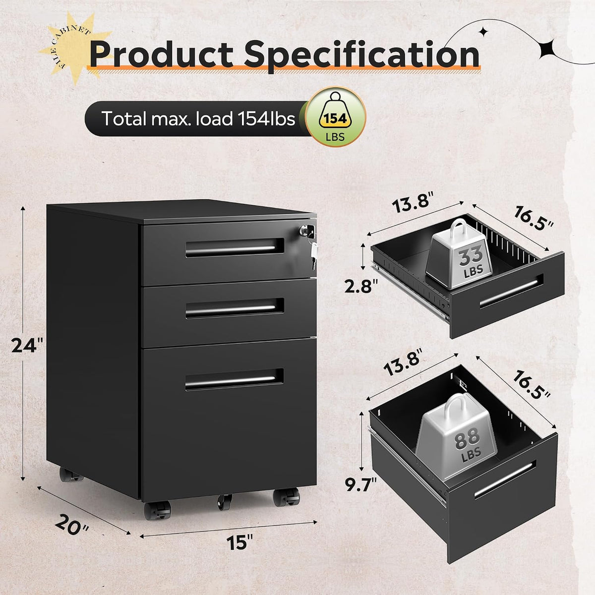 3 Drawer File Cabinet with Lock, Fully Assembled Except Casters