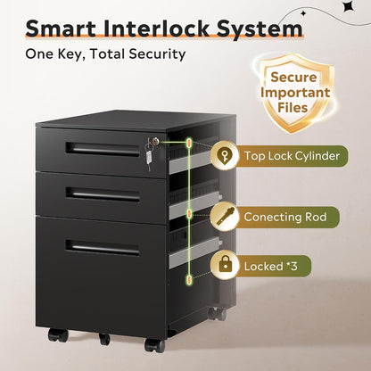 3 Drawer File Cabinet with Lock, Fully Assembled Except Casters