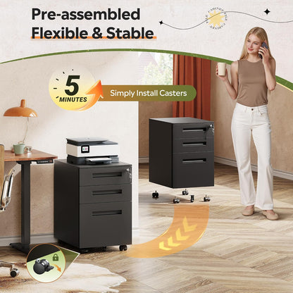 3 Drawer File Cabinet with Lock, Fully Assembled Except Casters