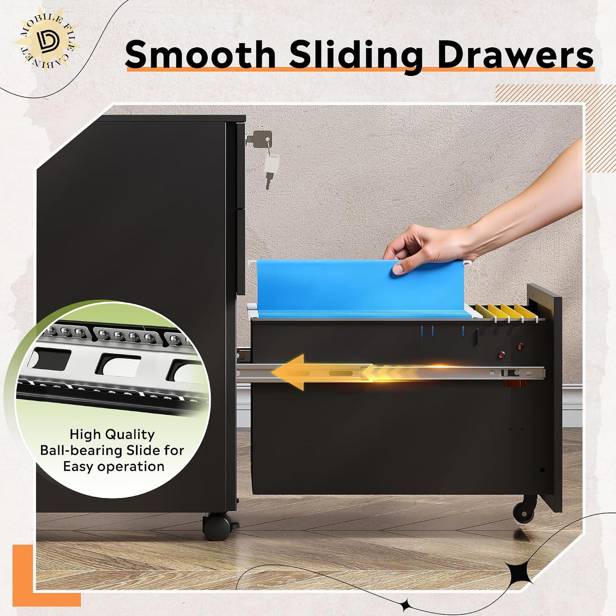 3 Drawer File Cabinet with Lock, Fully Assembled Except Casters