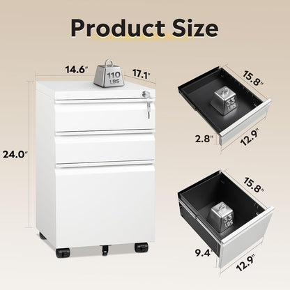 3 Drawer File Cabinet with Lock, Fully Assembled Except Casters