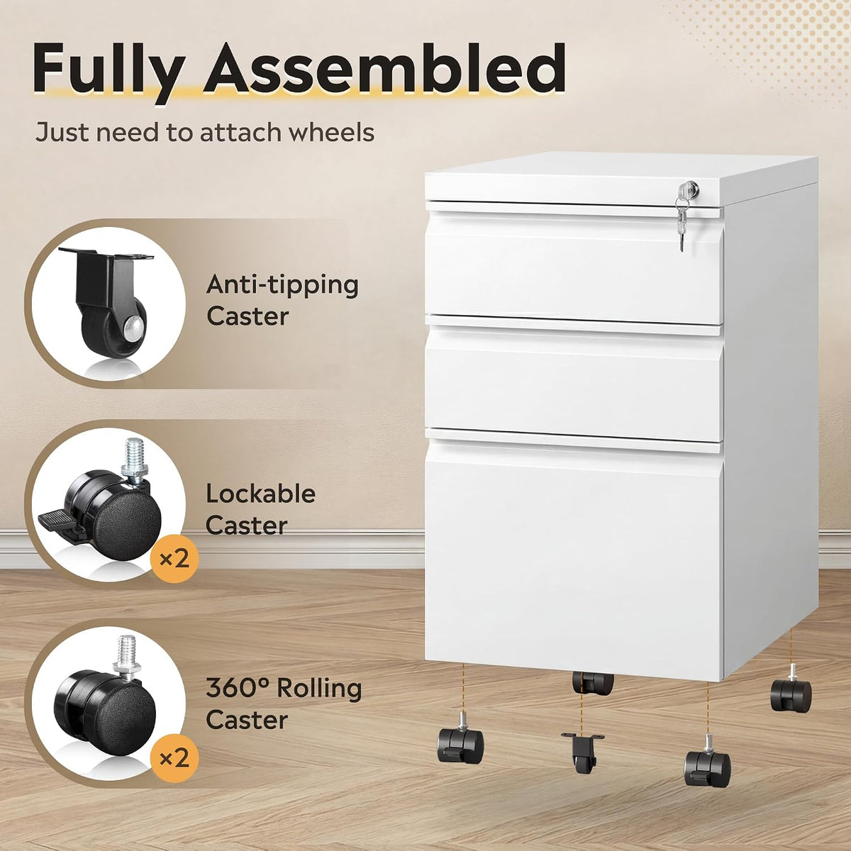 3 Drawer File Cabinet with Lock, Fully Assembled Except Casters