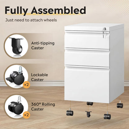 3 Drawer File Cabinet with Lock, Fully Assembled Except Casters