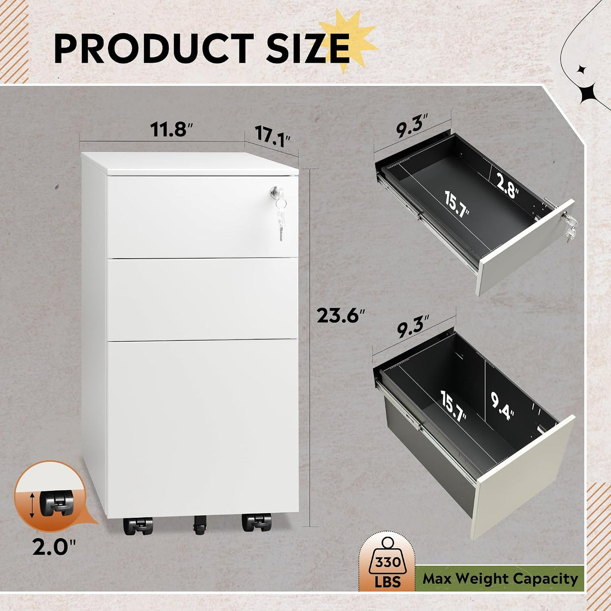 3 Drawer File Cabinet with Lock, Fully Assembled Except Casters
