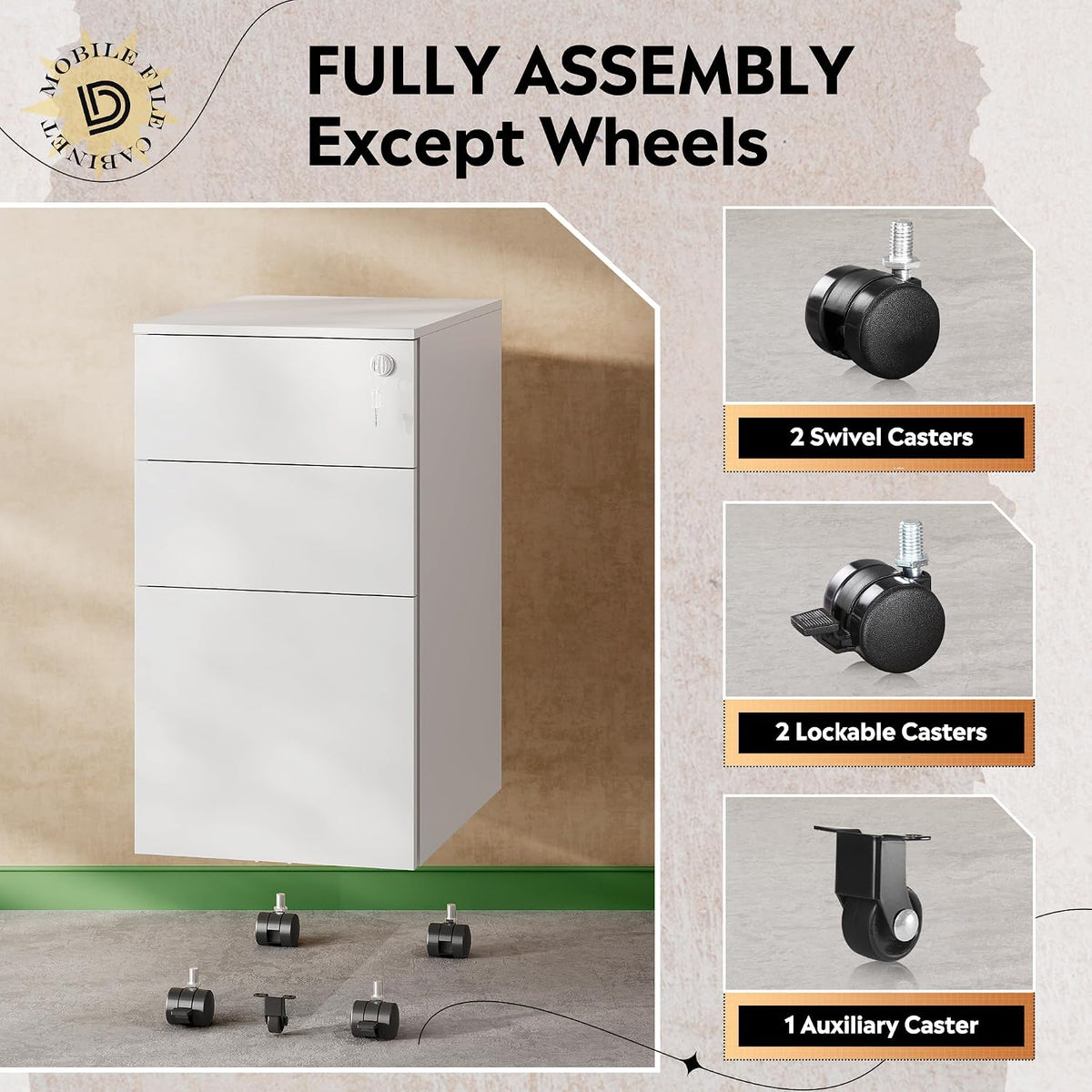 3 Drawer File Cabinet with Lock, Fully Assembled Except Casters